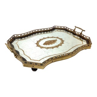 Large John Richard Silver Leaf Mirror and Brass Handled Frame Serving Tray For Sale