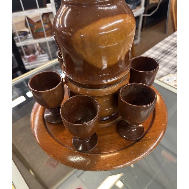 1950s Wooden Cordial/Sake Set With 6 Cups, Tray, and Decanter For Sale - Image 4 of 10