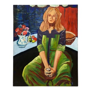 Late 20th Century Expressionist Portrait Interior Scene Painting of a Young Woman For Sale