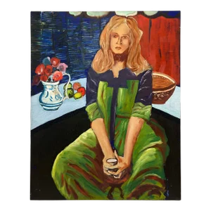 Late 20th Century Expressionist Portrait Interior Scene Painting of a Young Woman
