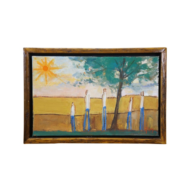 Textile Late 20th Century Foley Expressionist Family Under Tree Country Sunset Landscape Oil Painting 23" For Sale - Image 7 of 18