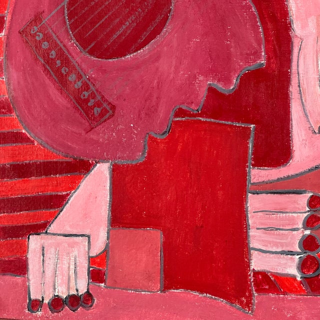 Stunning Red Hues Original Vintage Modern Oil/Board Cubist Painting of Woman With Guitar, Signed For Sale - Image 10 of 10