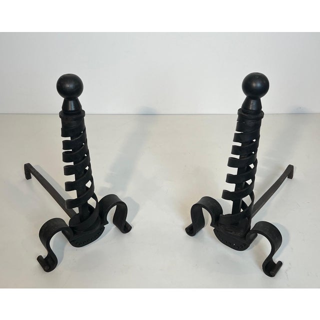 Mid-Century Modern Pair of modernist cast iron andirons. Raymond Subes. For Sale - Image 3 of 12