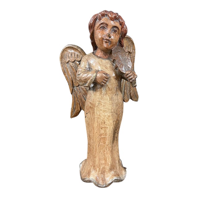 Vintage Hand Carved Wooden Standing Angel Paying Violin Instrument Sculpture For Sale