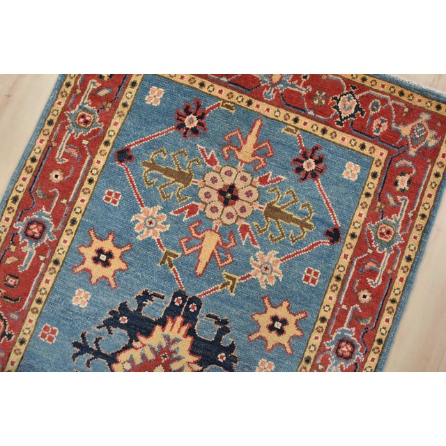 Kazak Runner 2’8” X 9’9” Blue Wool Tribal Hand-Knotted Oriental Rug For Sale In Philadelphia - Image 6 of 13
