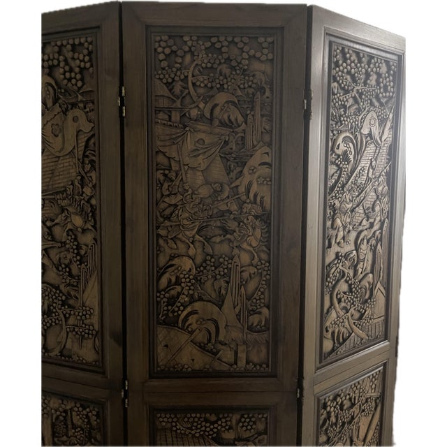 1960s Philippine Hand-Carved Teak Room Divider / Folding Screen For Sale - Image 9 of 12