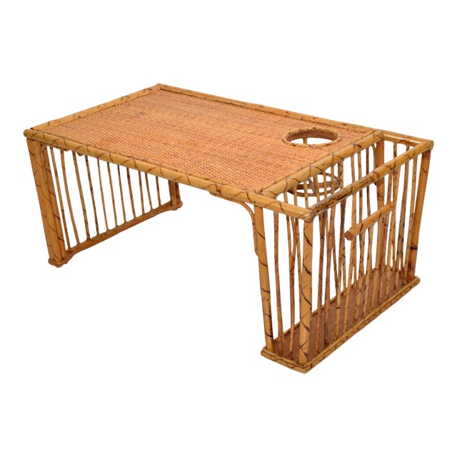 1970s Bohemian Handwoven Reed Caning Bamboo Breakfast Bed Tray Table Cup Book Holder For Sale