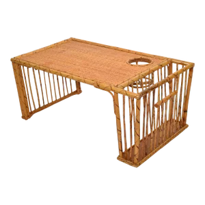 1970s Bohemian Handwoven Reed Caning Bamboo Breakfast Bed Tray Table Cup Book Holder