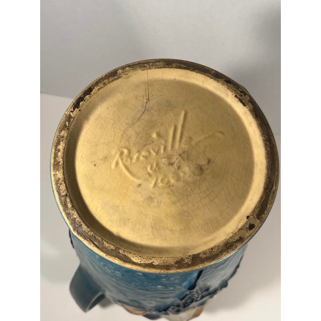 Blue 1940s Vintage Roseville Pottery Blue Magnolia Vase Two-Handled Large 18.5"h For Sale - Image 8 of 9