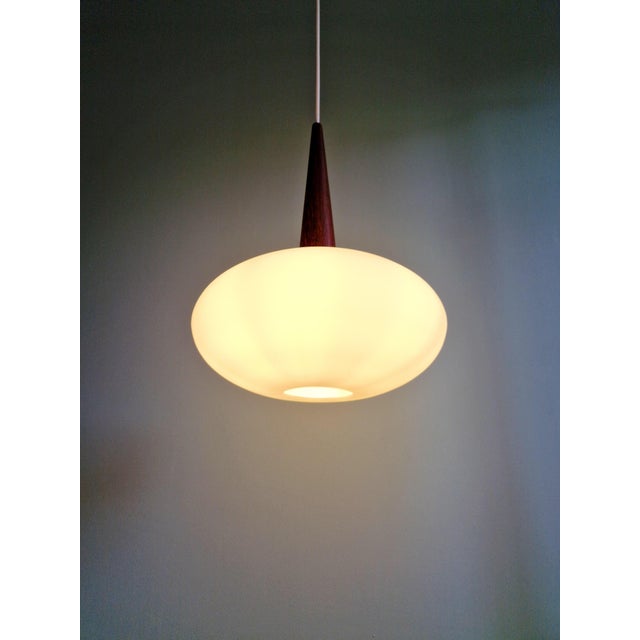 Scandinavian Pendant Light in Teak and White Opaline Glass by Louis Kalff for Philips, 1960s For Sale - Image 14 of 15