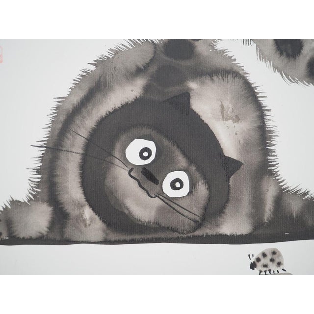 Contemporary Laszlo Tibay, Chat observant une coccinelle, Ink & Wash Drawing For Sale - Image 3 of 8