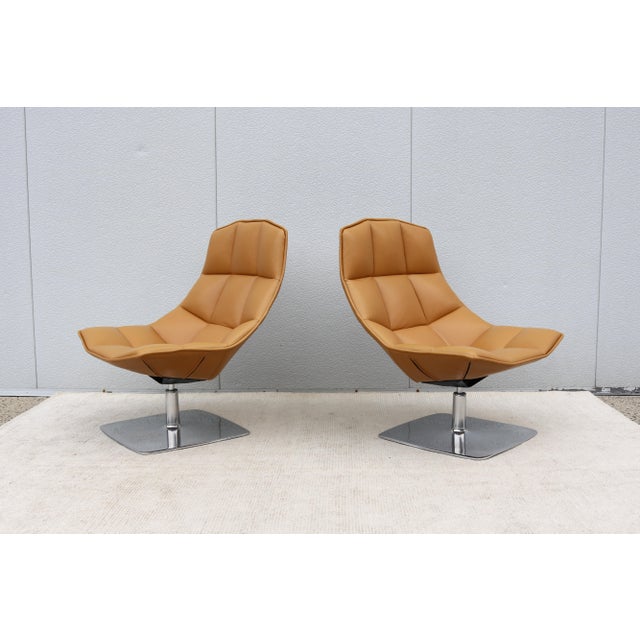 Modern Contemporary Knoll Jehs+Laub Swivel Lounge Chairs in Tan Leather - A Pair For Sale - Image 9 of 18