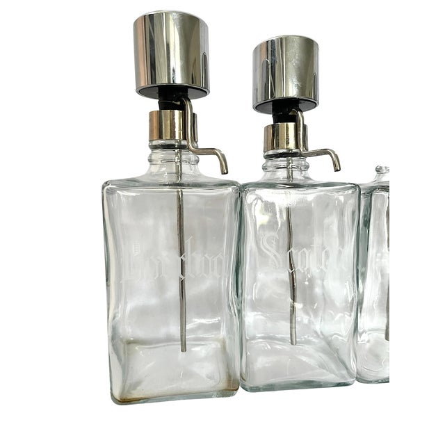 Vintage Mid-Century Etched Glass & Chrome Liquor Dispenser Bar Bottles — Set of 6 For Sale - Image 10 of 13