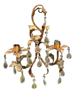 Mid 20th Century Crystal and Tole Metal Gold 2 Arm Candlestick Wall Sconce - Italy