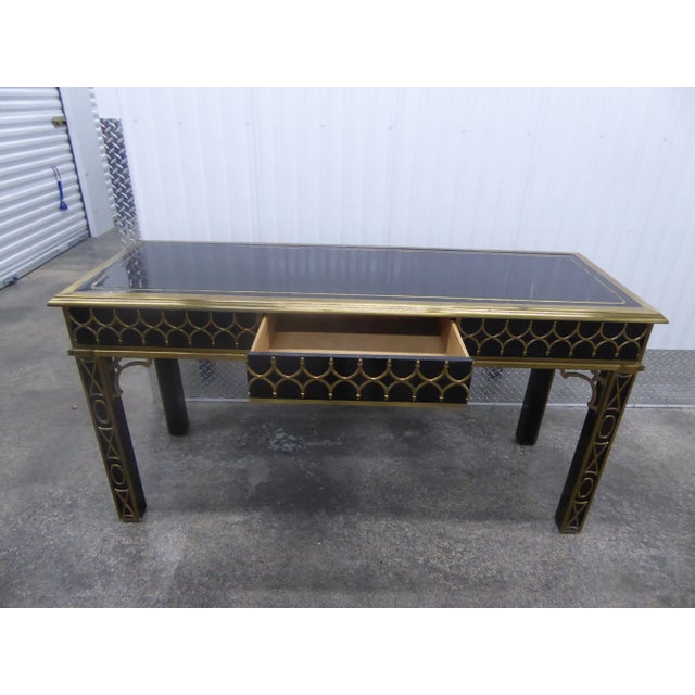 Metal 1970s Black Lacquer & Bronze Fretwork Console Table For Sale - Image 7 of 11