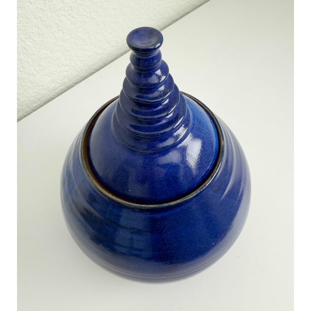 Blue Vintage Cobalt Blue Modernist Ceramic Lidded Pot, Artist Signed For Sale - Image 8 of 9