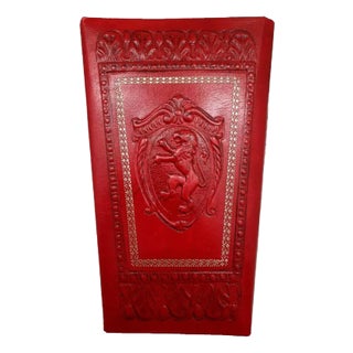 Tooled Embossed Leather Style Red Italian Wastebasket For Sale