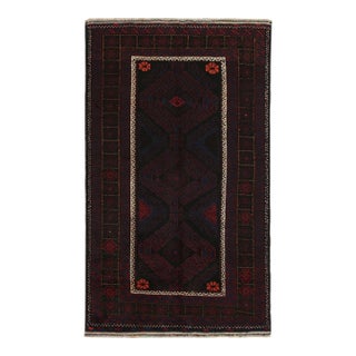 1950s Vintage BaRug & Kilim’s Baluch Runner Rug With Black, Burgundy and Blue Geometric Patterns For Sale