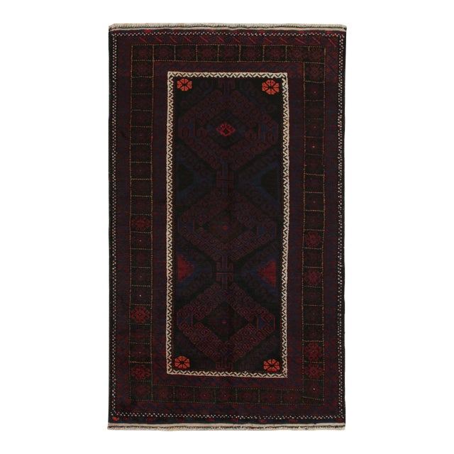 1950s Vintage BaRug & Kilim’s Baluch Runner Rug With Black, Burgundy and Blue Geometric Patterns For Sale