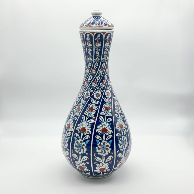 Blue Handmade Ceramic “Cesme Bulbulu” Jar (30cm) – Tall Iznik Surahi Vase – Classic Blue & White Floral For Sale - Image 8 of 9