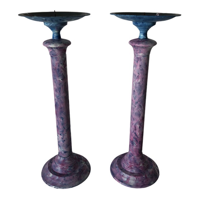 Bohemian Tall Garden Candle Stocks Pink and Blue 15” Pair For Sale
