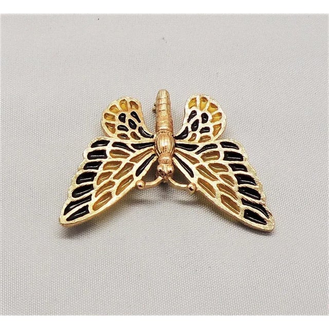 Gold Vintage 1970 Napier Black Yellow Plique-a-Jour Butterfly Brooch For Sale - Image 8 of 9