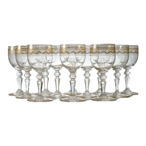Saint Louis Gilt Decorated Wine Glasses With Cut Knob Stems, Antique - Set of 12
