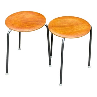 1960s Mid Century Modern Danish Set of 2 Early Arne Jacobsen Teak Dot Stools For Sale