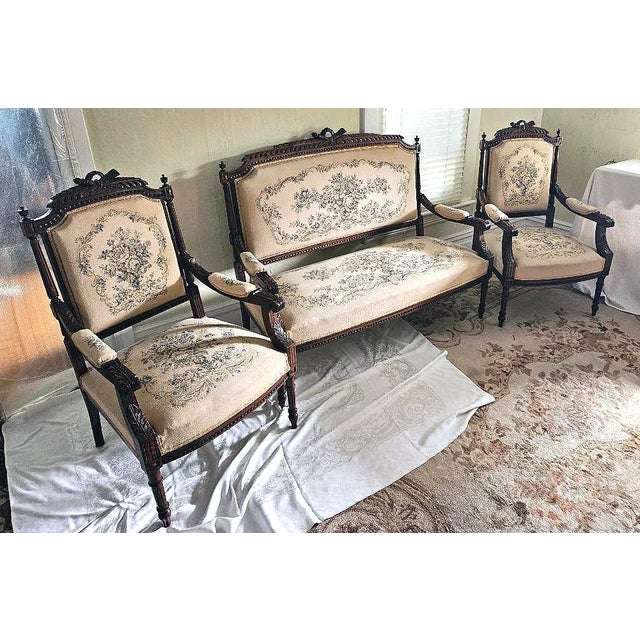 Brown French 19th Century Louis XVI Style (Three-Piece) Walnut Parlor Suite For Sale - Image 8 of 15