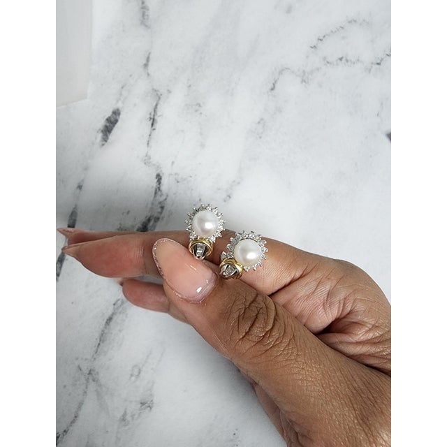 Contemporary Pearl & Diamond Halo Earrings with Diamond Accents 14k Two-Toned Gold, 2 Pieces For Sale - Image 3 of 5