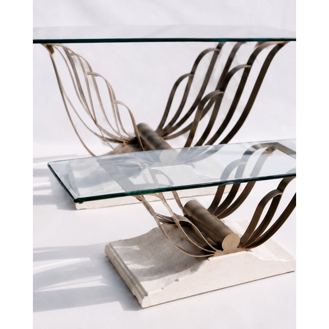 Selling a rare matching vintage sculptural glass-top console table and coffee table set. The larger table appears to be...