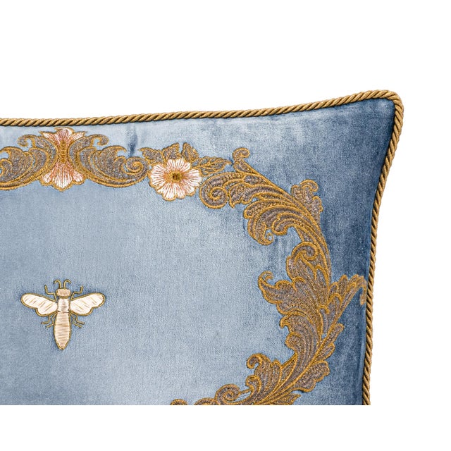 Venice Blue Silk Velvet Embroidered Throw Pillow Cover, 12 X 20 For Sale - Image 4 of 8