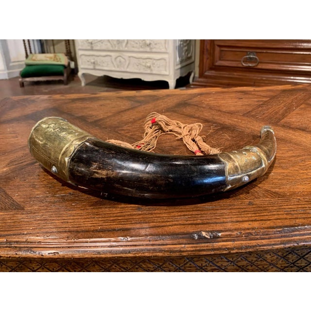 Metal 19th Century French Mounted Drinking Horn With Engraved Brass and Tassels For Sale - Image 7 of 10