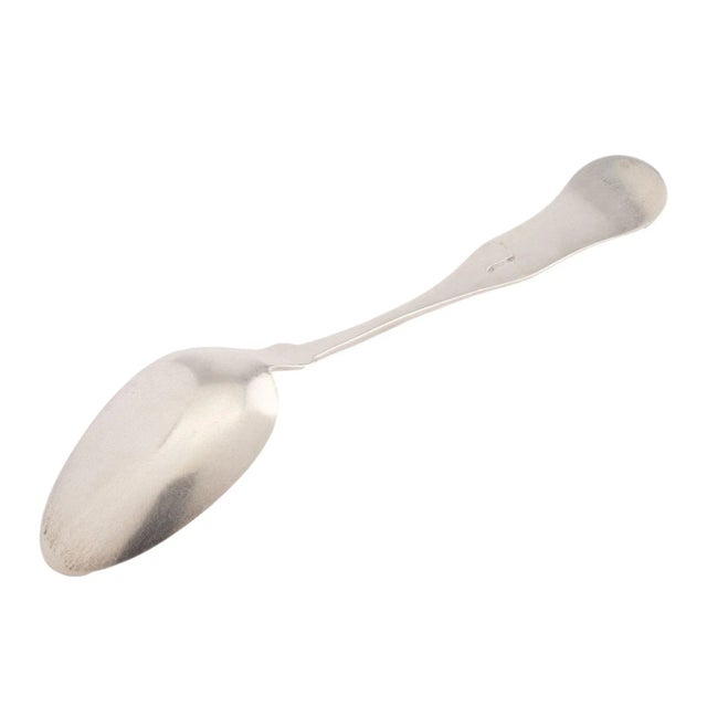 American coin silver modified fiddle back spoon monogramed in Palmer script and impressed on the reverse with the makers...