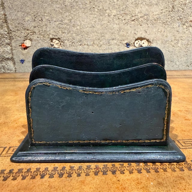 Mid-Century Modern Vintage Dark Green Leather Letter Rack Mail Sorter For Sale - Image 3 of 10