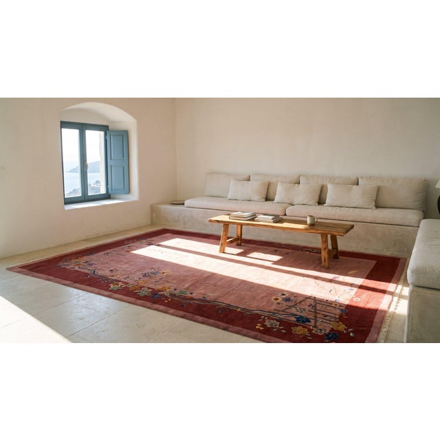 1920s Pink Rose Open Floral Vase Antique Chinese Art Deco Carpet 9' X 11' 7" Knotted Wool Rug For Sale - Image 13 of 15