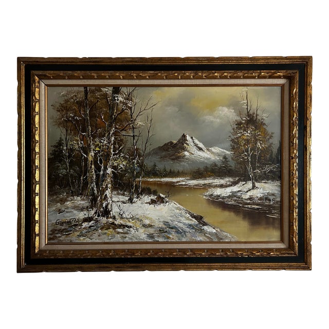 Vintage Mid Century Original Large Landscape Oil Painting of Snowy Mountains in Black & Gold Frame For Sale