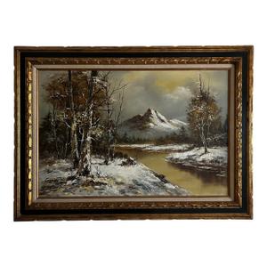 Vintage Mid Century Original Large Landscape Oil Painting of Snowy Mountains in Black & Gold Frame