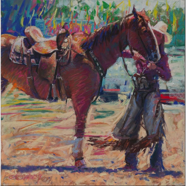 By the Midway by Jeff Slemons | Soft Pastel on Sanded Paper of a cowboy with a horse For Sale