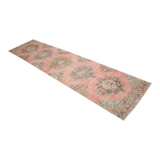 3x12 Vintage Oushak Runner Rug, Faded Salmon Pink and Sage Green Hallway Runner, 1970s Handmade Anatolian Corridor Rug, Kitchen Runner For Sale