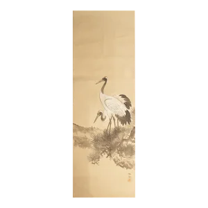 1940s Showa Era Japanese Monochrome Watercolor Painting on Silk Two Red Crowned Cranes