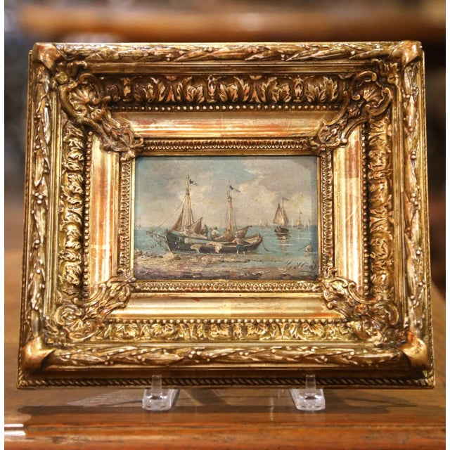 Pair of 19th Century French Marine Oil Paintings in Giltwood Frames, Dated 1878 For Sale - Image 4 of 12