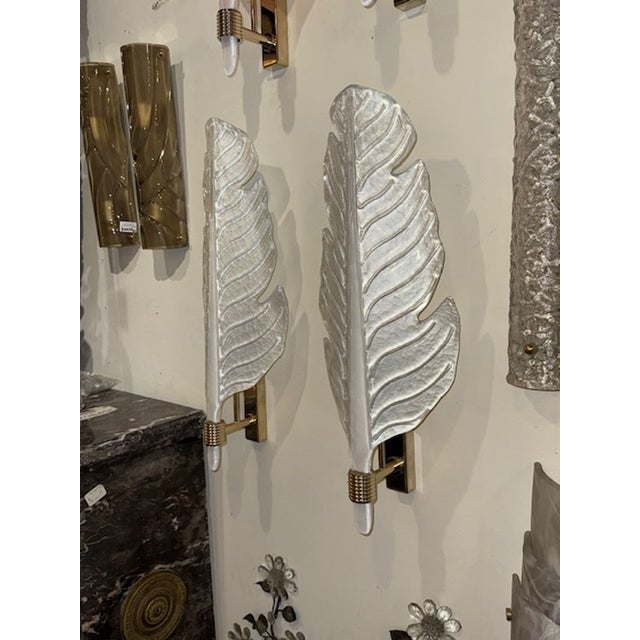 Pair of Modern Murano Glass Leaf Form Sconces Frosted in a Pearl White For Sale - Image 4 of 5