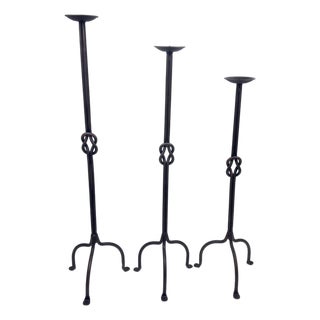 Hand Forged Iron Candelabra Set of 3 (82-102cm) Antique Copper Double Stem with Hercules Knot and Arched Base For Sale