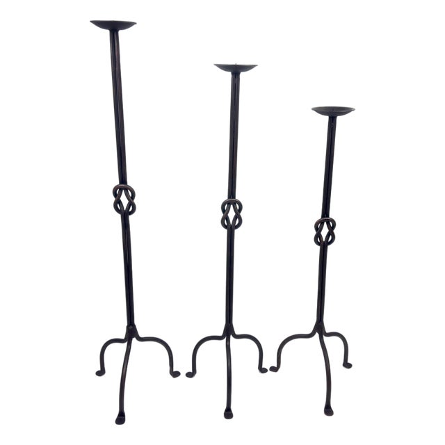 Hand Forged Iron Candelabra Set of 3 (82-102cm) Antique Copper Double Stem with Hercules Knot and Arched Base For Sale
