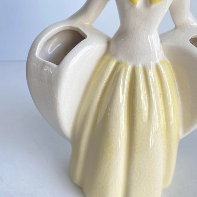 Art Deco Vintage Southern Belle Lady Double Vase 1940s Matie Weil Ware California Pottery Yellow Dress For Sale - Image 3 of 10