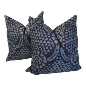 Contemporary Thibaut Down-Filled “Chamomile” in Navy Pillows - a Pair