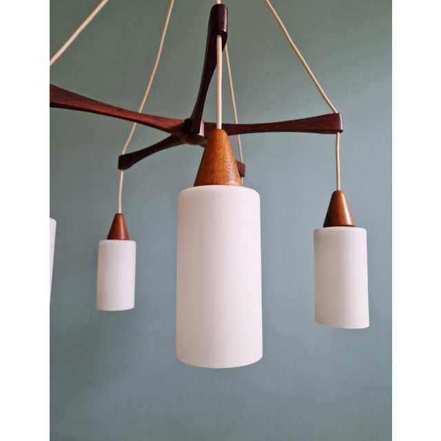 Large Scandinavian Chandelier in Teak and Satin White Opaline Glass, 1960s For Sale - Image 13 of 17
