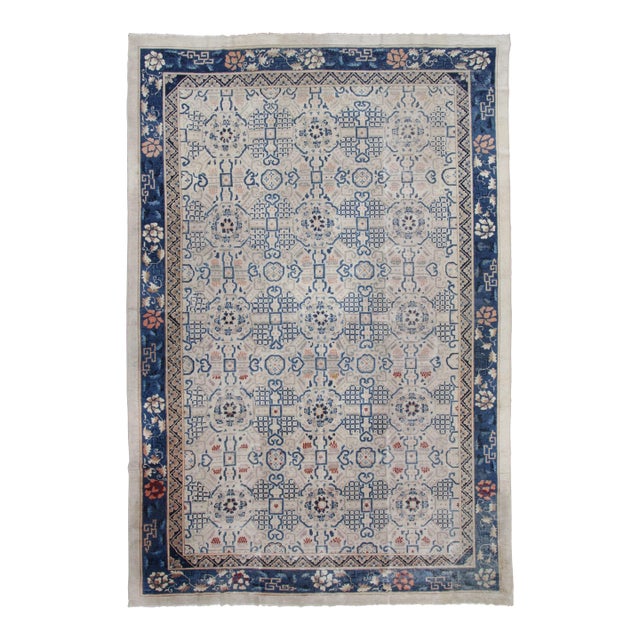 Oversized Antique Chinese Rug With Blue & Ivory Floral Lattice - Rug & Kilim For Sale
