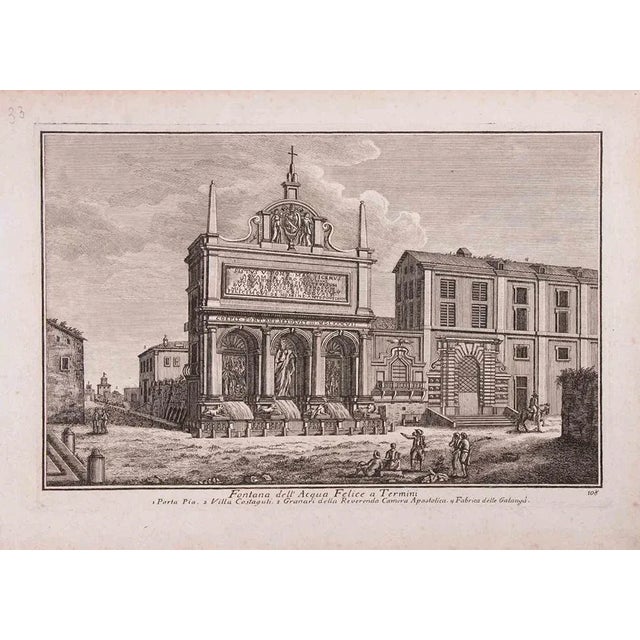 Fontana dell'Acqua Felice is an original black and white etching of the Late 18th century realized by Giuseppe Vasi. The...